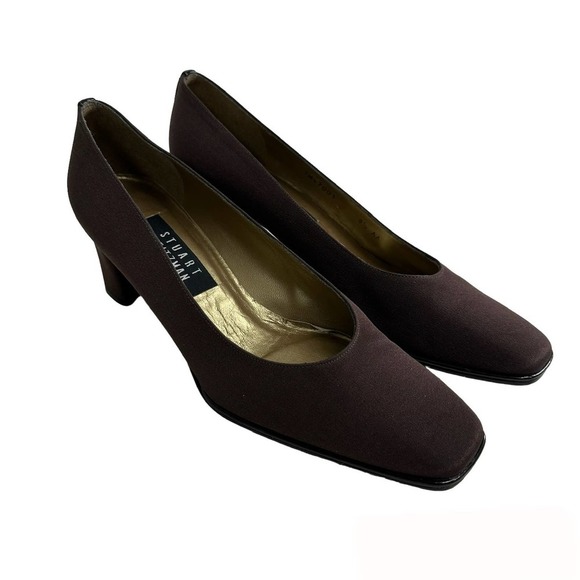 STUART‎ WEITZMAN brown fabric/satin leather classic heel pumps shoe size 8.5 AA - Picture 1 of 13